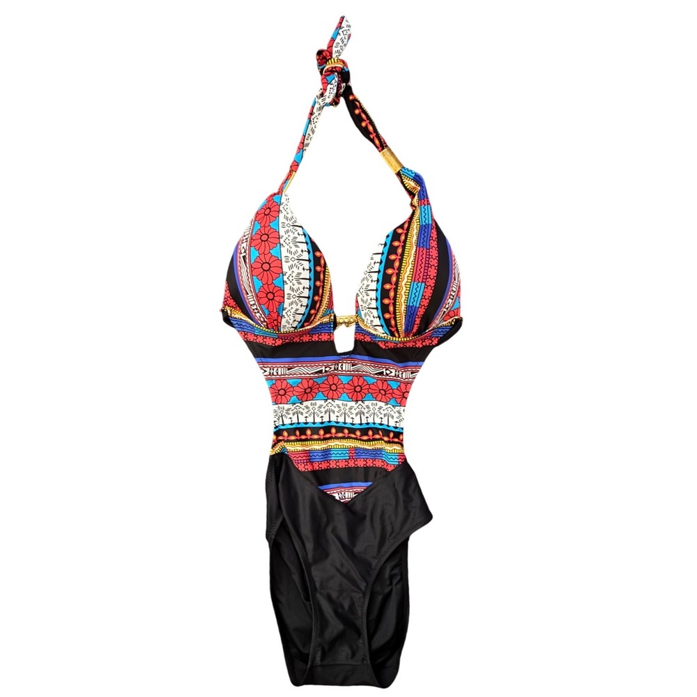 Foclassy Tribal Print Monokini Cutout One Piece Swimsuit Halter Multi Color 42